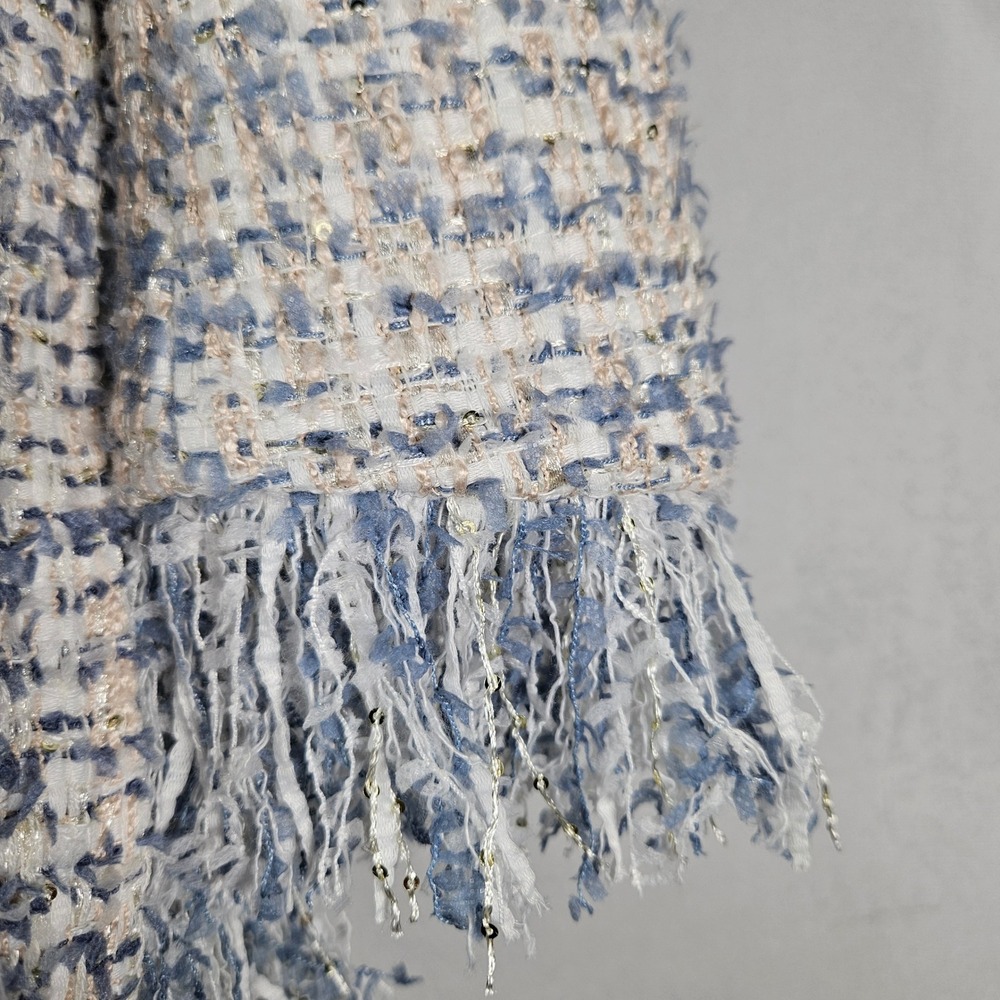 Balmain Tweed Jacket Womens M Blue Fringed Sequin Glam Designer Belt Luxury Boho - Picture 14 of 16
